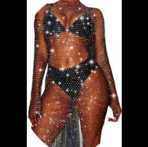 🆕 LISTING!! BNWOT CRYSTAL RHINESTONE OPEN FISHNET MAXI DRESS - Picture 6 of 9